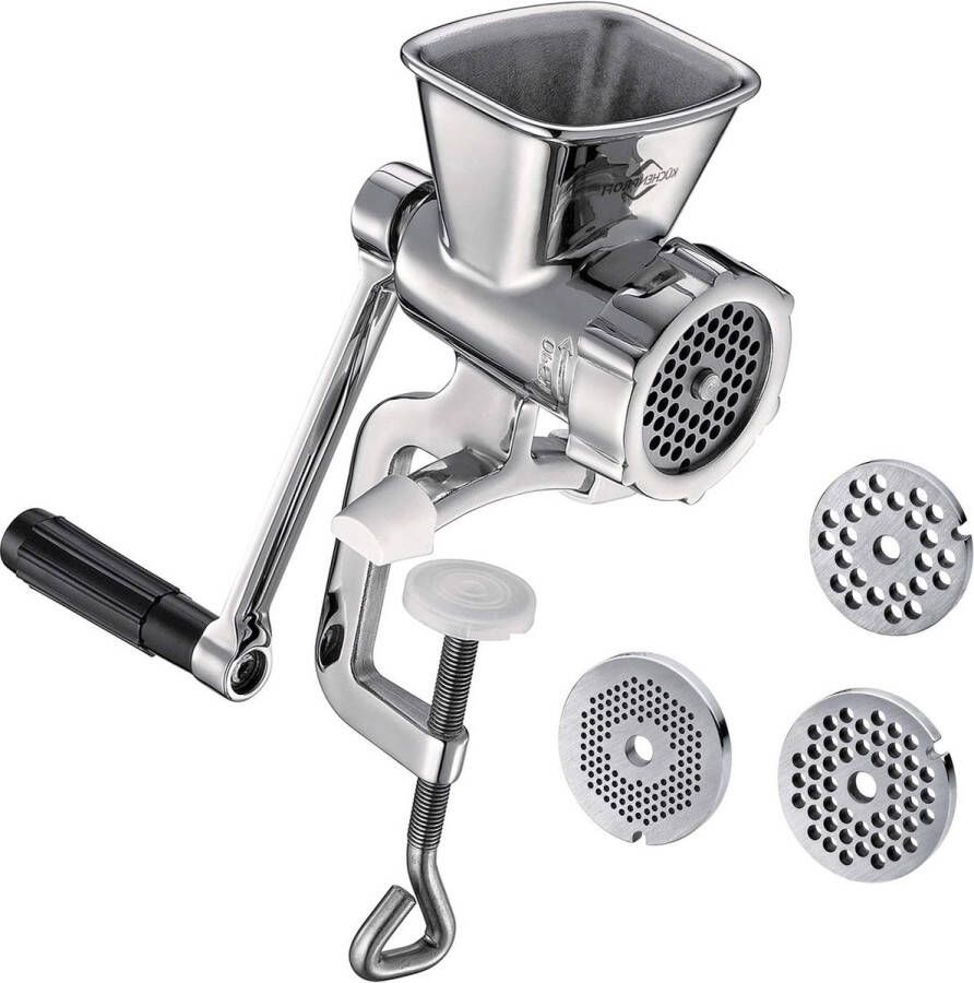 Roestvrijstalen vleesmolen handmatig incl. 3 schijven voor vlees snijden en gebakpers met tafelklem Vleesmolen
