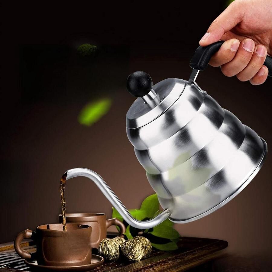 Roestvrijstalen Waterketel Theepot Giet Over Ketel Thee Koffie Zetten Zwanenhals Tuit 1.2L Zilver