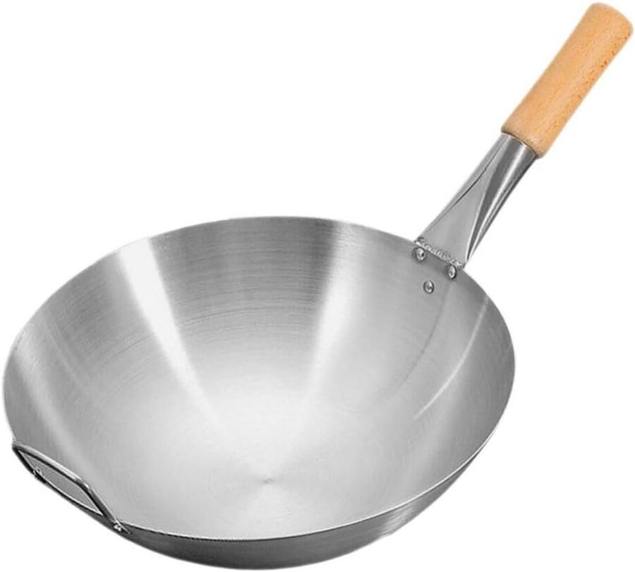 Roestvrijstalen Wok Anti-aanbak Pan Gezond Koken Hout Handvat 34 x 13 x 7.5 cm Zwart