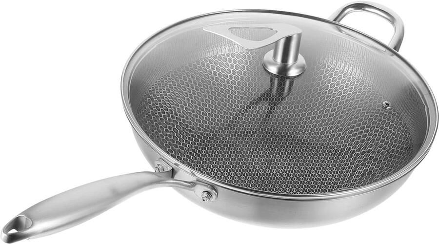 Roestvrijstalen Wok Honingraat Koekenpan Thuis Koken Antiaanbak Laag 32cm Diameter Zilver