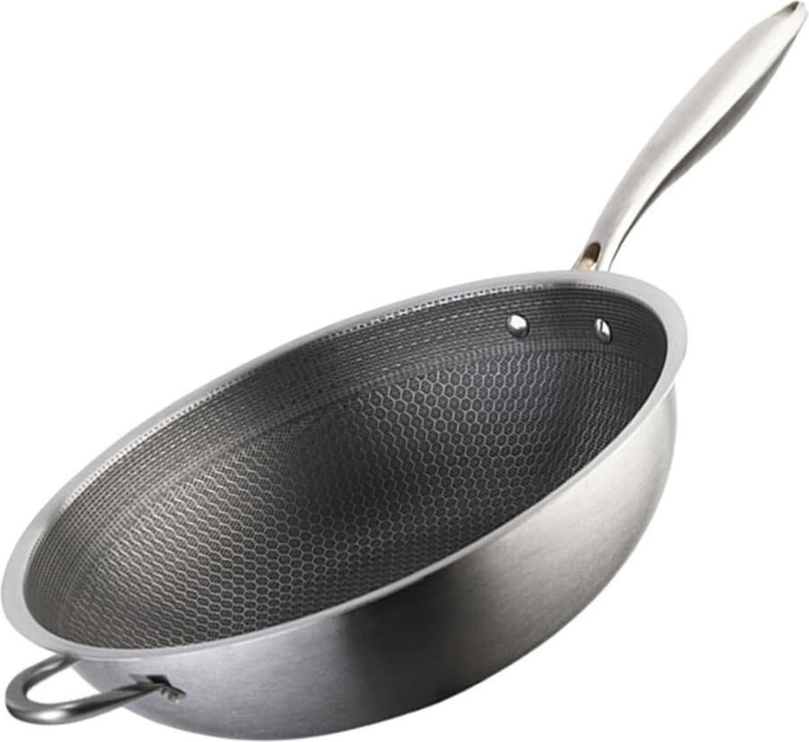 Roestvrijstalen Wok Keuken Pan Thuis Koken Honingraatstructuur Dubbele Handgrepen 5950X3400X1000cm Zilver