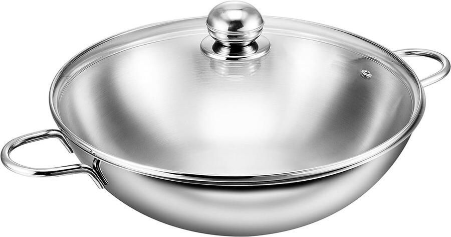 Roestvrijstalen wok Koekenpan Aziatisch koken Inclusief deksel 32 cm Zilver