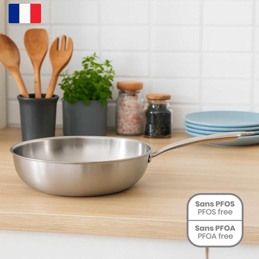 Roestvrijstalen Wok Koekenpan Gezond Koken Triply Warmteverdeling 28 cm Diameter