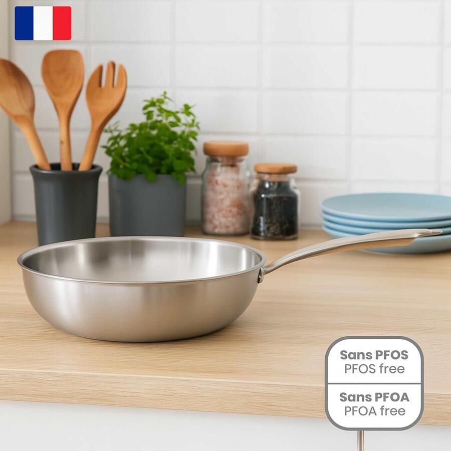 Roestvrijstalen Wok Koekenpan Gezond Koken Triply Warmteverdeling 28 cm Diameter