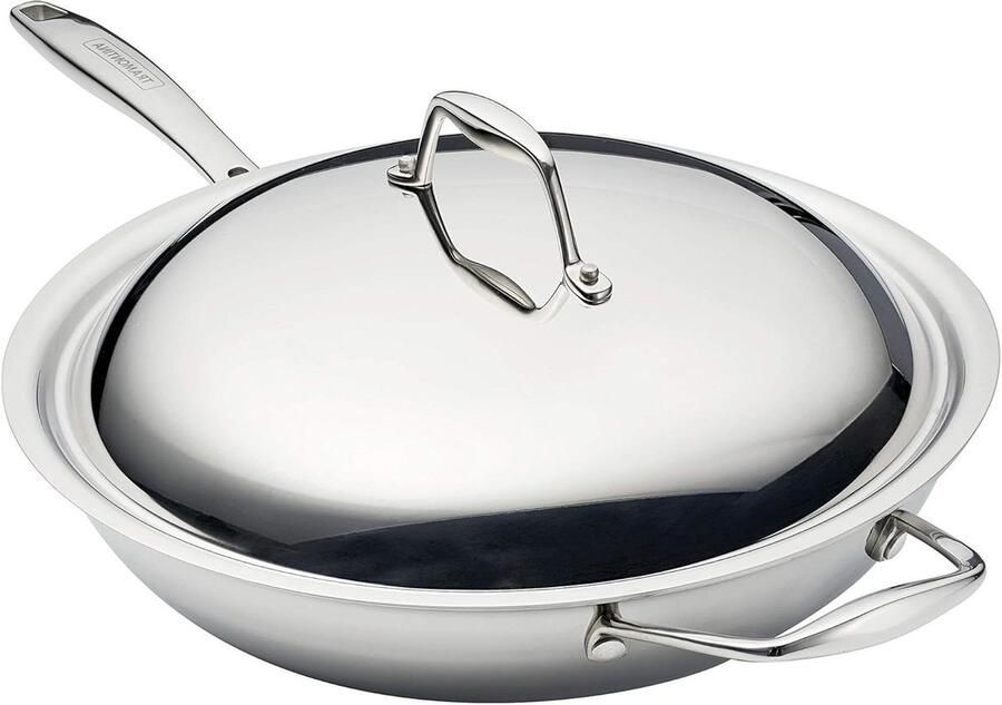 Roestvrijstalen Wok Koekenpan met deksel Roerbakken en koken Tri-Ply constructie 32 cm Zilverkleurig