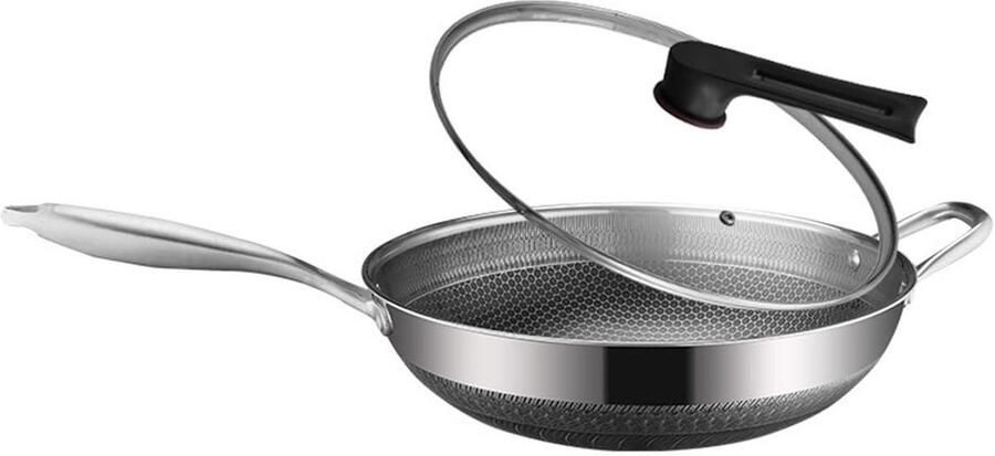 Roestvrijstalen Wok Koekenpan met deksel Veelzijdig Koken Antiaanbaklaag Krasbestendig 36CM Zilver