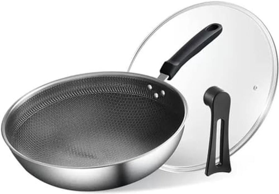 Roestvrijstalen Wok Koekenpan Roerbakken en Koken Honingraat Antiaanbak 32 cm Zilver