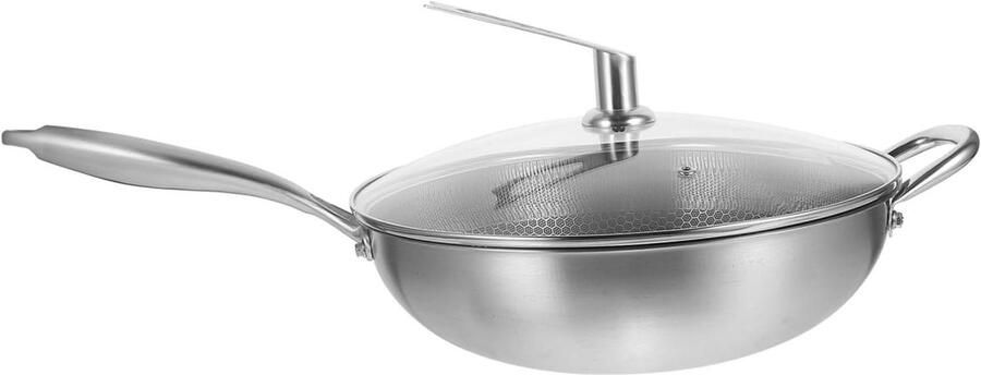 Roestvrijstalen Wok Koekenpan Roerbakpan Thuis Koken Honingraatstructuur Deksel 58 cm Zilver