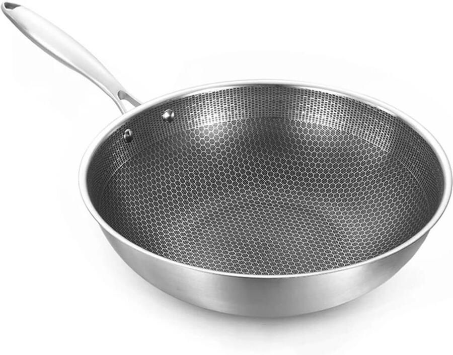 Roestvrijstalen Wok Koekenpan Steak Veelzijdig Koken Honingraat Textuur 32cm Diameter Zilverkleurig