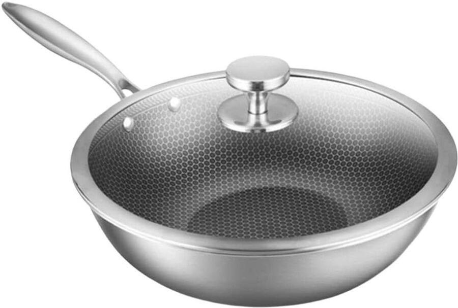 Roestvrijstalen Wok Kookpan Koekenpan Roerbakken Snel Koken Volledige Honingraatstructuur 30cm Diameter Zilver