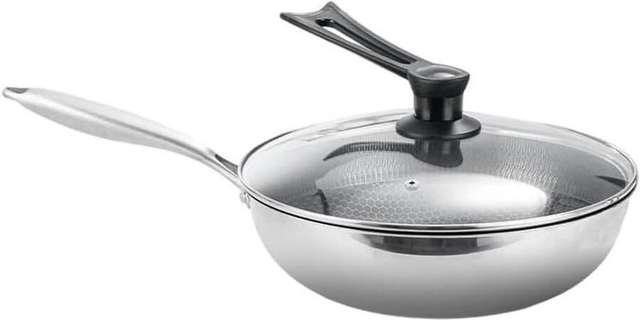Roestvrijstalen Wok Kookpan met deksel Thuis koken Drielaagse constructie 32 cm Zilver