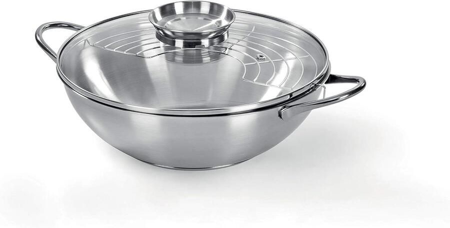 Roestvrijstalen Wok Kookpan Veelzijdig Koken Aroma Deksel 28 cm Zilverkleurig