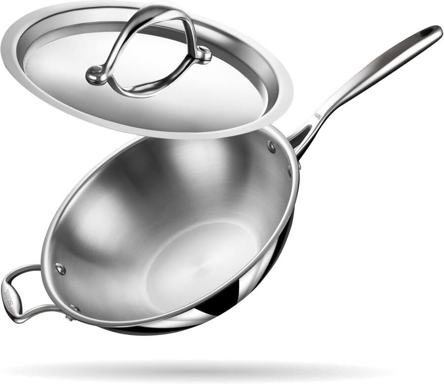 Roestvrijstalen wok met deksel Drielaagse Kadai Frituurpan met Inductiebasis Diameter 26 cm 3 l voor 6 Personen