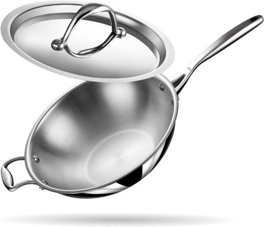 Roestvrijstalen wok met deksel Drielaagse Kadai Frituurpan met Inductiebasis Diameter 26 cm 3 l voor 6 Personen