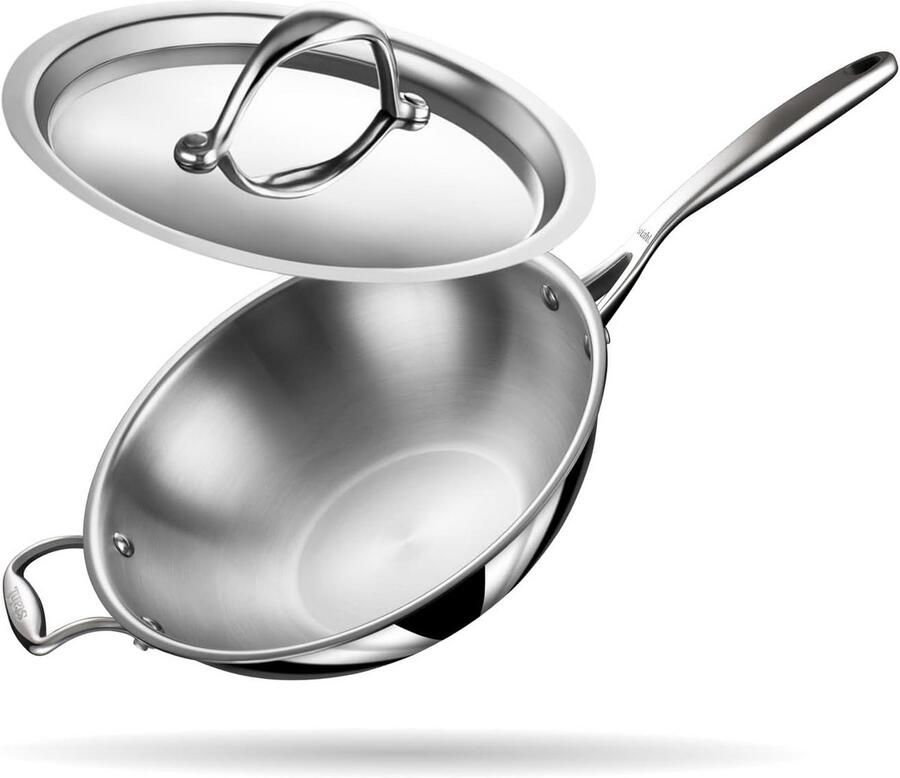 Roestvrijstalen wok met deksel Drielaagse Kadai Frituurpan met Inductiebasis Diameter 26 cm 3 l voor 6 Personen