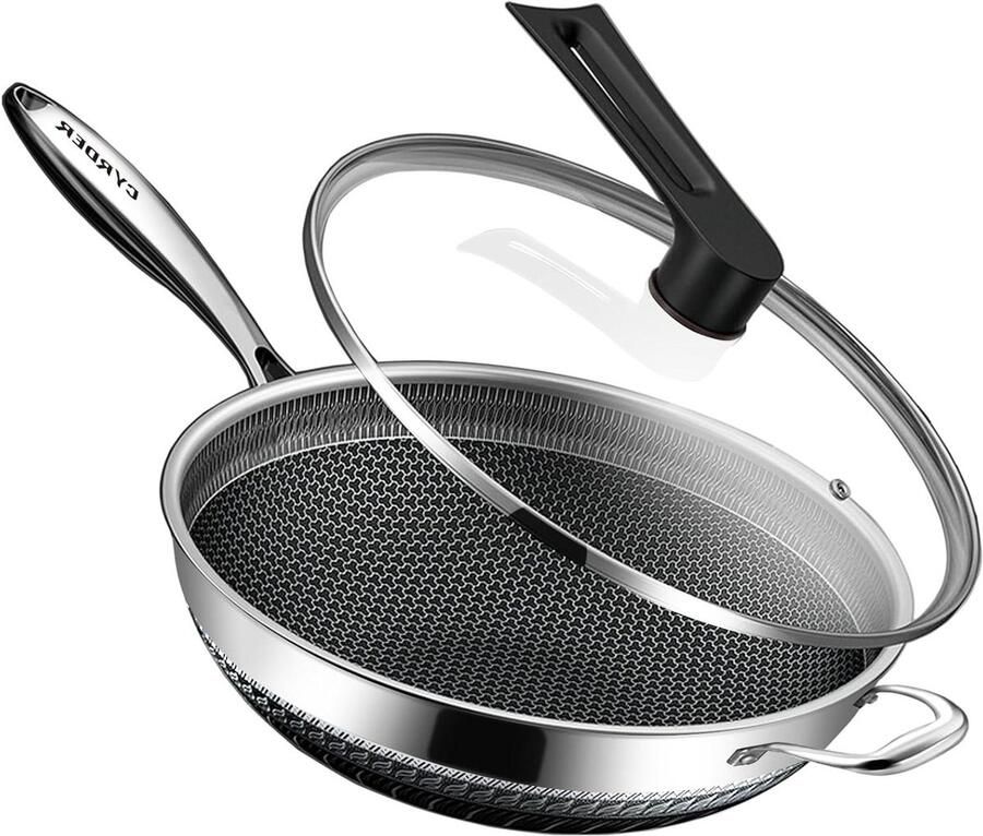 Roestvrijstalen Wok Pan Koekenpan Koken Zonder Aanbakken Dubbelzijdig Laser Geëtst 36 cm Zilver