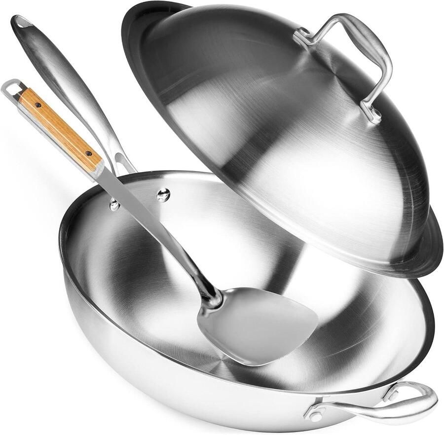 Roestvrijstalen Wok Pan Wokpan Koekenpan Sneller Koken Krasbestendig Duurzaam 33 cm Zilver