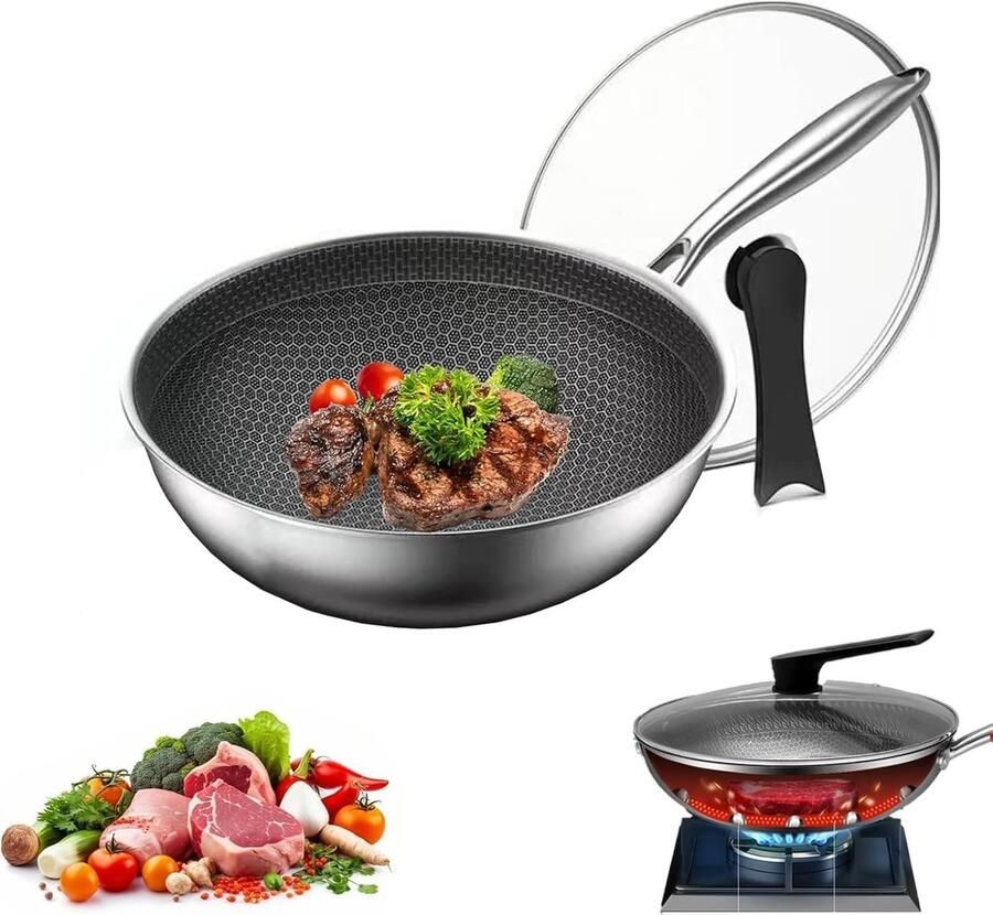 Roestvrijstalen Wok Roerbakpan Antiaanbak Gezond Koken Honeycomb Non-Stick Afneembaar Handvat Zilver