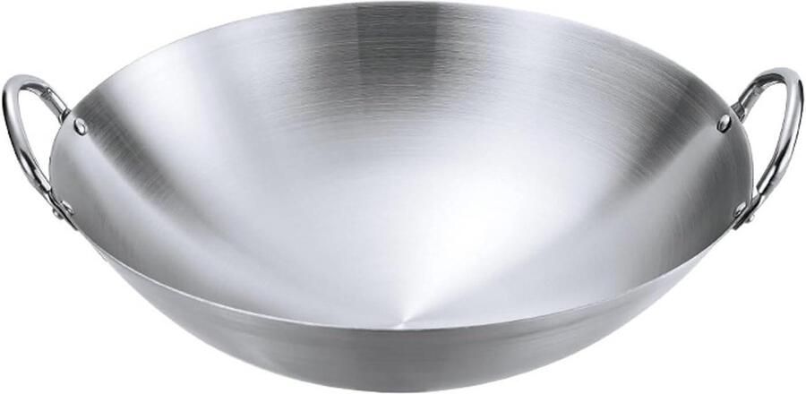 Roestvrijstalen Wok Roerbakpan Keuken Aziatisch Koken Dubbele Handgreep 36 cm Diameter Zilverkleurig