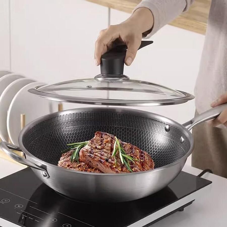 Roestvrijstalen wok Roerbakpan met deksel Aziatisch koken Honingraat oppervlak 30 cm diameter Zilverkleurig