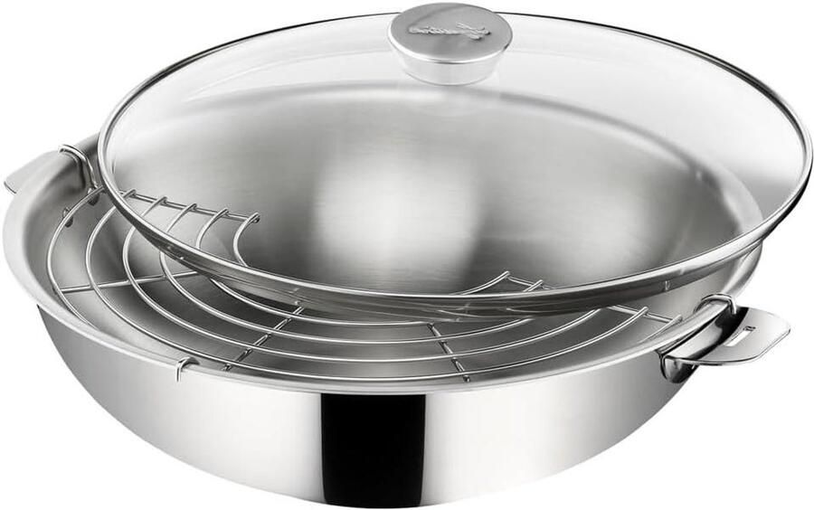 Roestvrijstalen Wok Wokpan met deksel Aziatisch Koken Ruimtebesparend Opbergen 30 cm Zilver