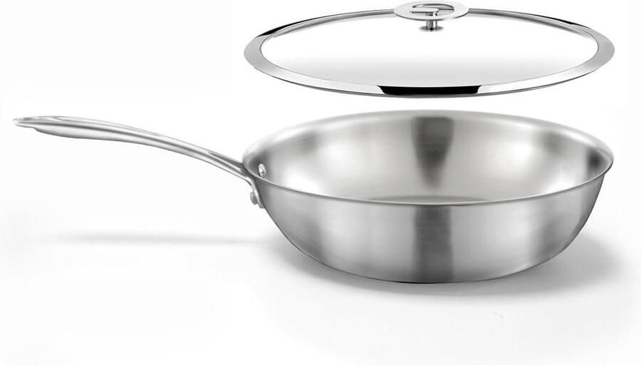Roestvrijstalen Wok Wokpan Roerbakpan Snel Koken Triply Warmteverdeling 28 cm Grijs