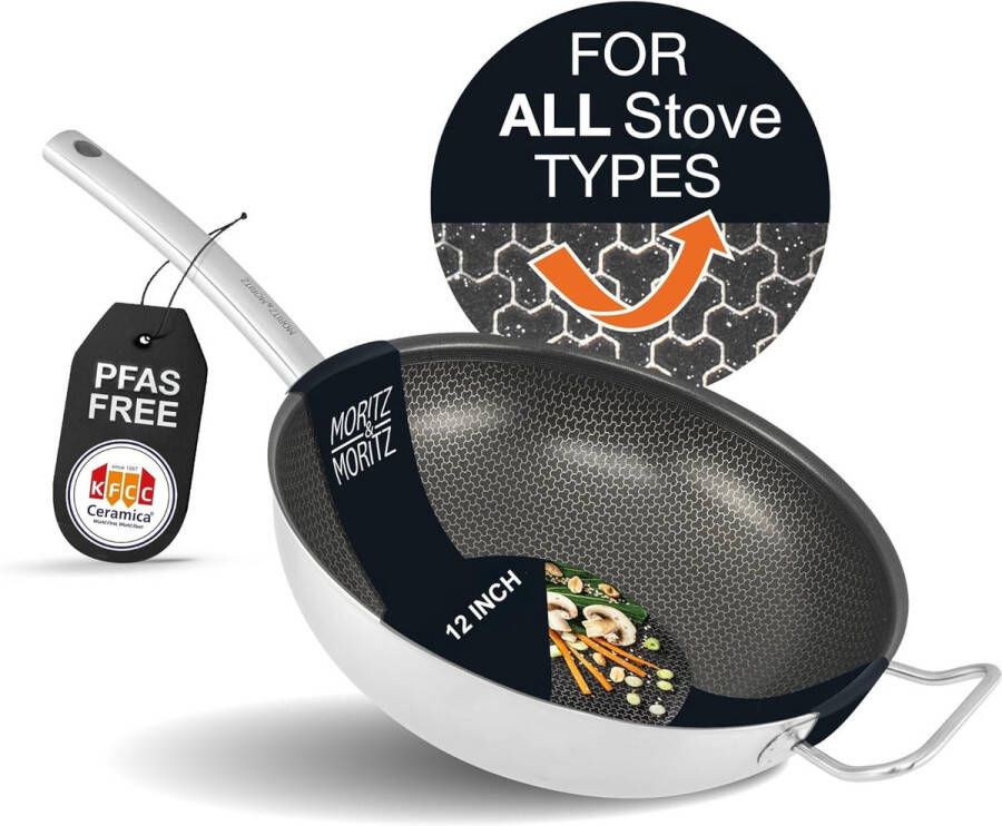 Roestvrijstalen Wokpan 30 cm met Keramische Coating Voor Alle Soorten Fornuizen Antiaanbaklaag en Honingraatstructuur