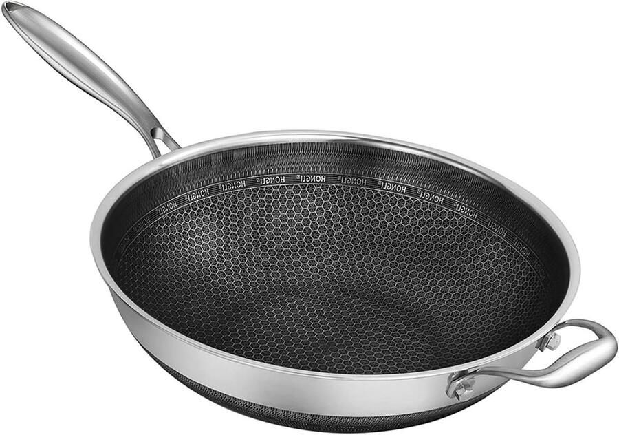 Roestvrijstalen Wokpan Anti-aanbak Koekenpan Aziatisch Koken Platte Bodem 30 cm Zilver