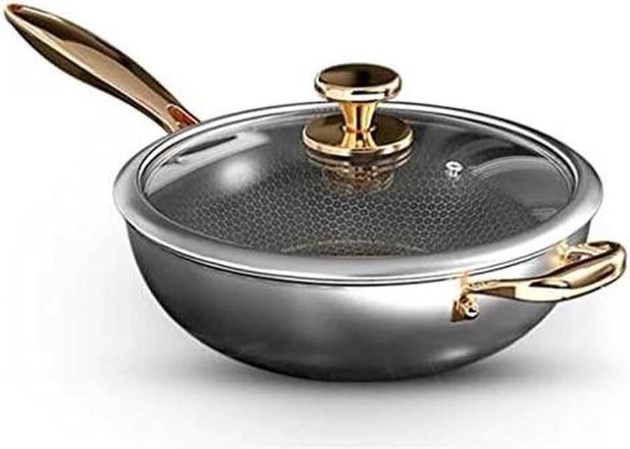 Roestvrijstalen Wokpan Anti-aanbak Koekenpan Gezond Koken Honingraatstructuur 32cm of 34cm Zilver met Goud