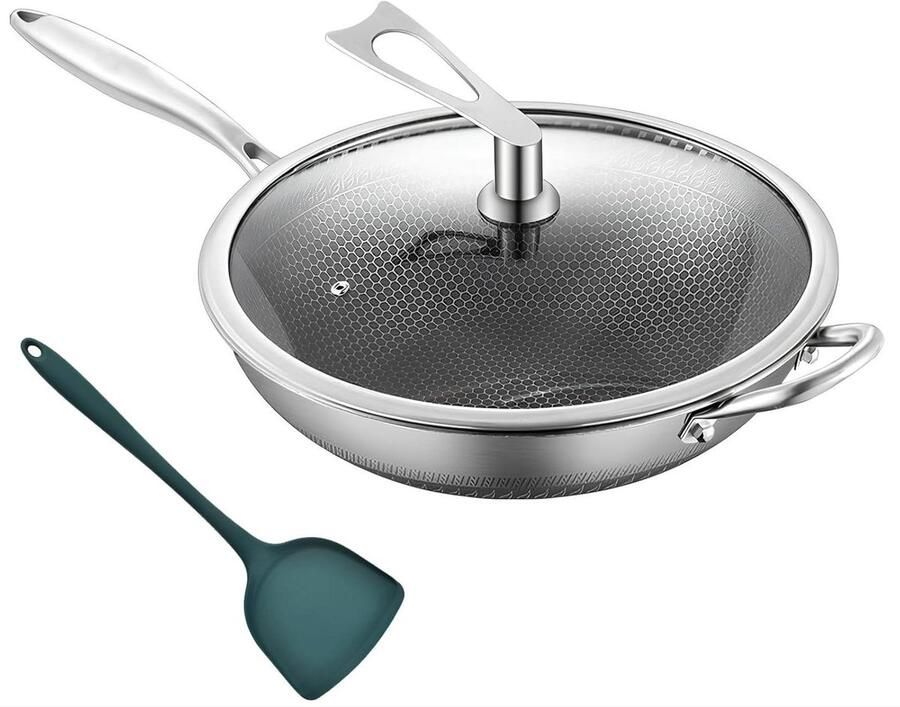 Roestvrijstalen Wokpan Anti-aanbak Koekenpan Snel Koken Honingraat Oppervlak Complete Set Zilver