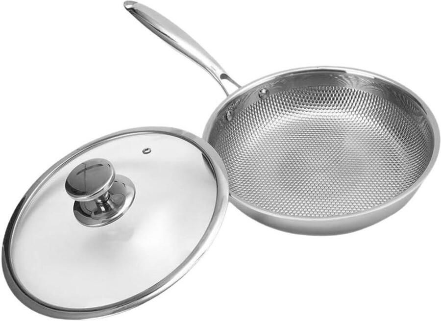 Roestvrijstalen Wokpan Antiaanbak Wok Koken op Inductie Gehamerde Textuur 20 cm Zilver