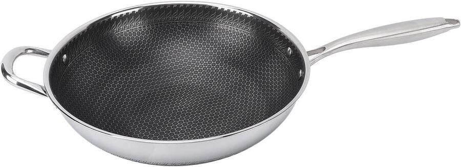 Roestvrijstalen Wokpan Antiaanbak Wok Veelzijdig Koken Honingraat Bodem 32 cm Diameter Zilver