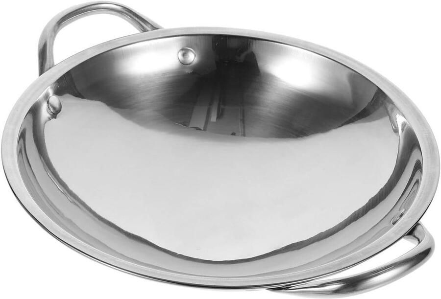 Roestvrijstalen Wokpan Chinese Wok Kookpan Zeevruchten Koken Dubbele Handgrepen 23 cm Zilver