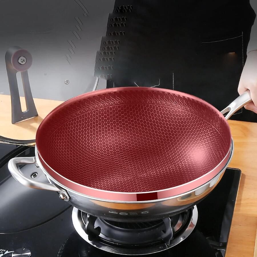 Roestvrijstalen Wokpan Honingraat Pan Snel Koken Dubbelzijdige Bodem 34cm Diameter Zilverkleurig