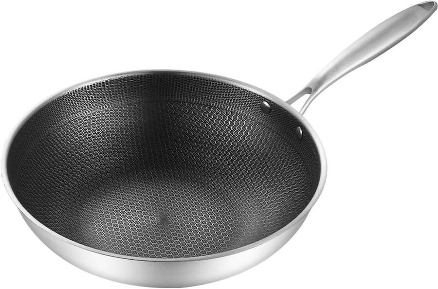 Roestvrijstalen Wokpan Honingraat Roerbakpan Snel Koken Dubbelzijdige Anti-aanbak 32 cm Diameter Zilverkleurig