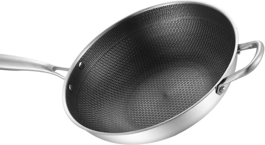 Roestvrijstalen Wokpan Honingraat Wok Anti-aanbak Wok Gezond Koken Dubbelzijdige Honingraat 32 cm Zilver