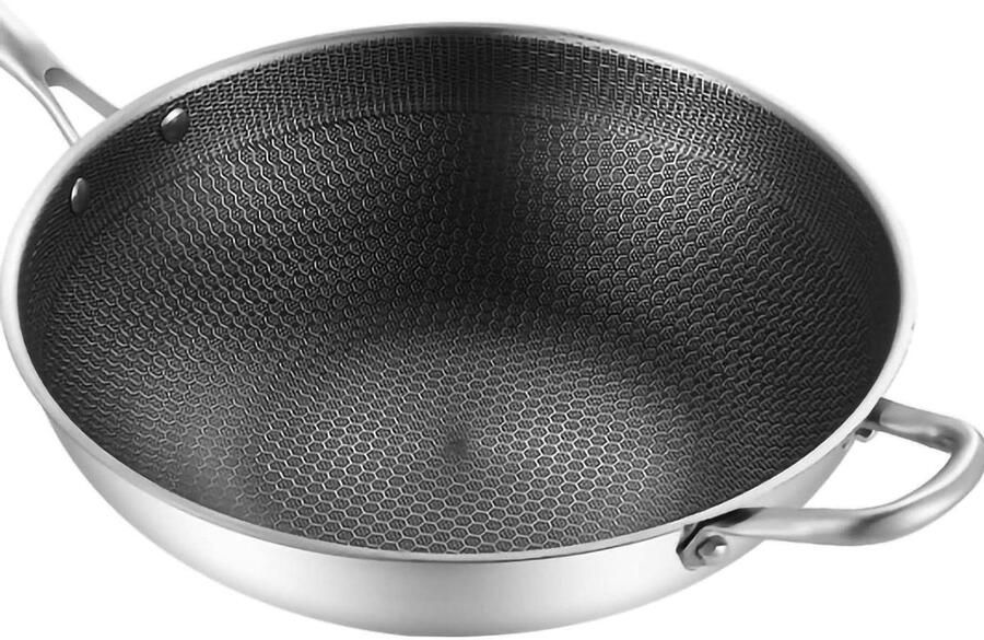 Roestvrijstalen Wokpan Honingraat Wok Gezond Koken Chemisch Vrij Oppervlak 34 cm Zilver