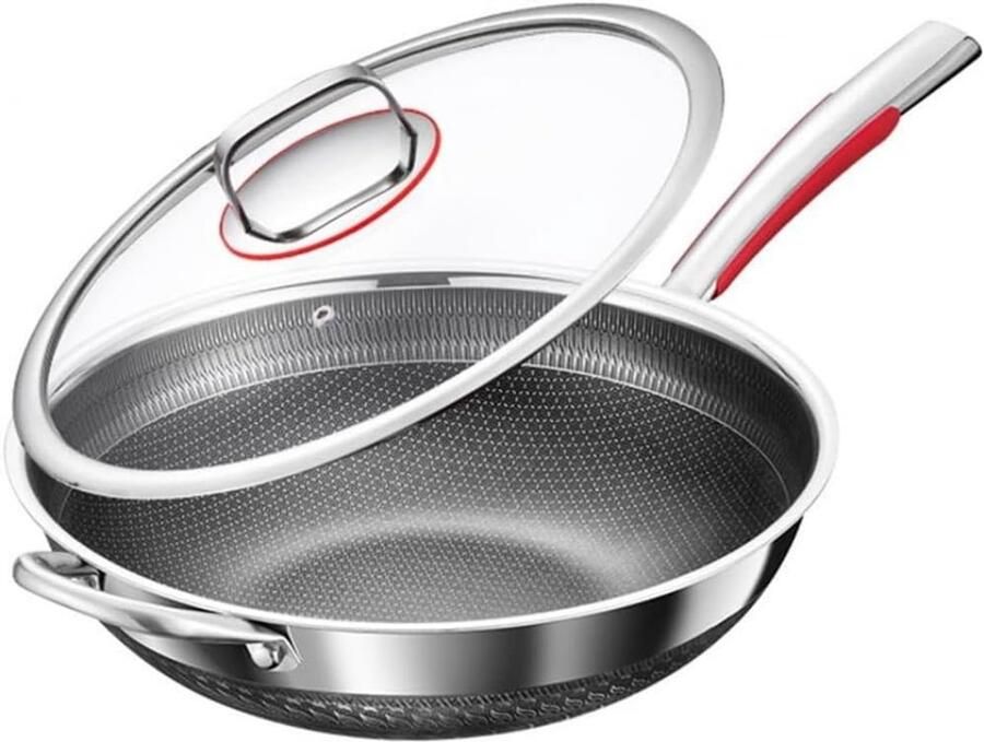 Roestvrijstalen Wokpan Honingraat Wok Veelzijdig Koken Antiaanbaklaag Zonder Coating 34 cm Zilver