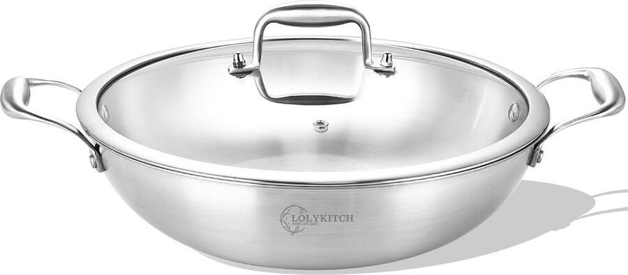 Roestvrijstalen Wokpan Kadai Pan Jumbo Gelijkmatig Koken Tri-Ply Constructie 30 cm Zilverkleurig