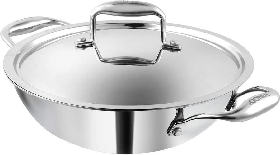 Roestvrijstalen Wokpan Kadai Pan Roerbakken en Koken Tri Ply Constructie 24 cm Zilver