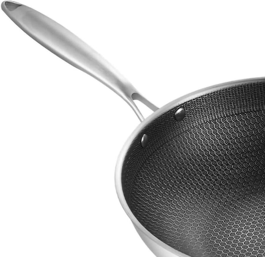Roestvrijstalen Wokpan Keukenwok Dubbelzijdig Moeiteloos Koken Drielaags Stalen Ontwerp 34 cm Zilver