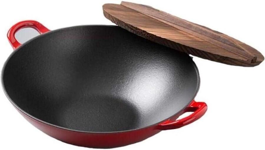 Roestvrijstalen Wokpan Koekenpan Gietijzer Koken op Inductie Houten Deksel 36 cm Niet gespecificeerd