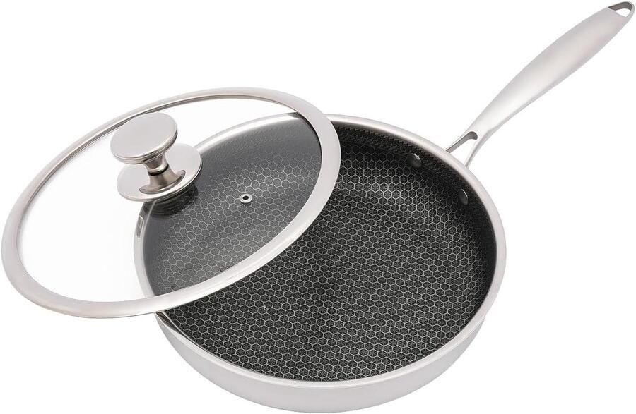 Roestvrijstalen Wokpan Koekenpan met Deksel Gelijkmatig Koken Honingraat Anti-aanbaklaag Ø 28 cm Zilver