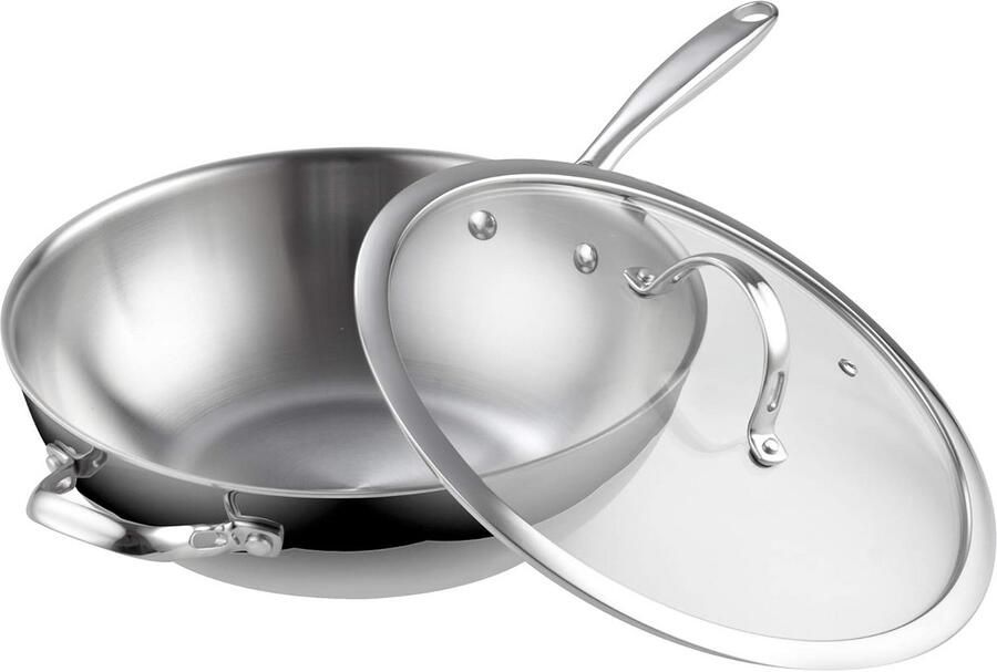 Roestvrijstalen Wokpan Koekenpan met deksel Snel en gelijkmatig koken Multi-ply constructie 31 cm Zilverkleurig