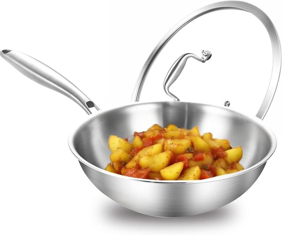 Roestvrijstalen Wokpan Koekenpan met deksel Veelzijdig Koken Drielaagse Constructie 24 cm Zilverkleurig