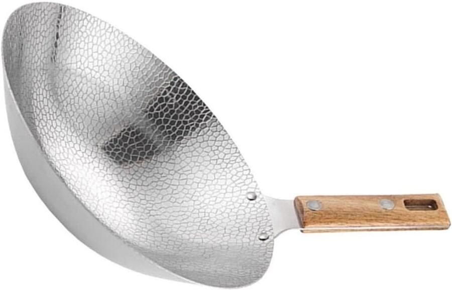 Roestvrijstalen Wokpan Koekenpan Ronde Bodem Dagelijks Koken Antiaanbaklaag Houten Handvat 28 cm One Color