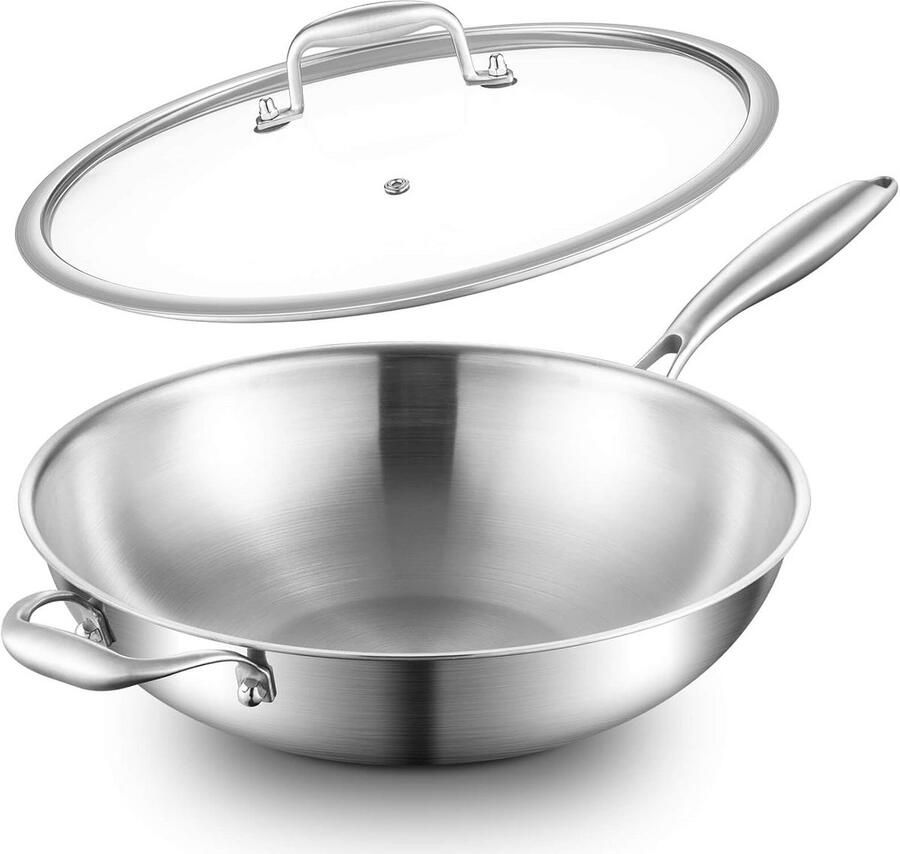 Roestvrijstalen Wokpan Roerbakpan Inductie Gelijkmatig Koken Dreelaagse Constructie 30cm Zilverkleurig