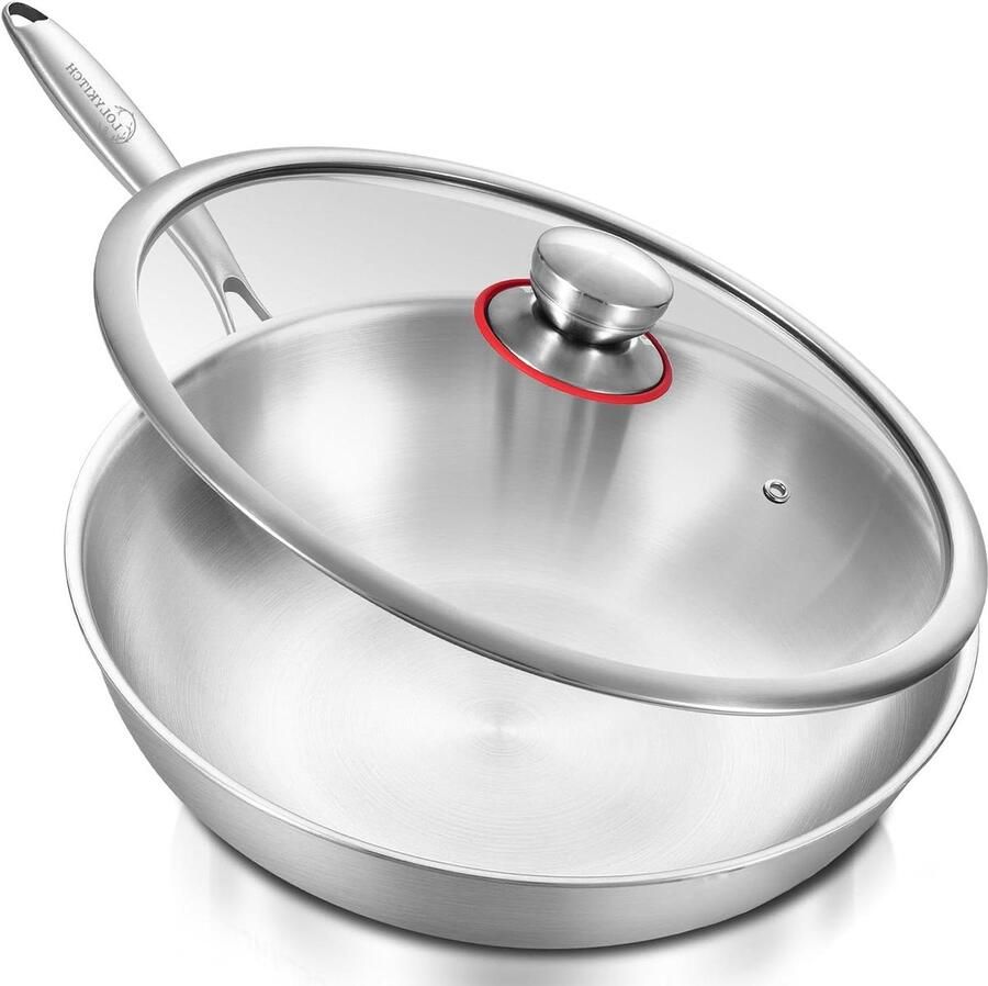 Roestvrijstalen Wokpan Roerbakpan Inductie Gelijkmatig Koken Tri-Ply Constructie 33 cm Zilver