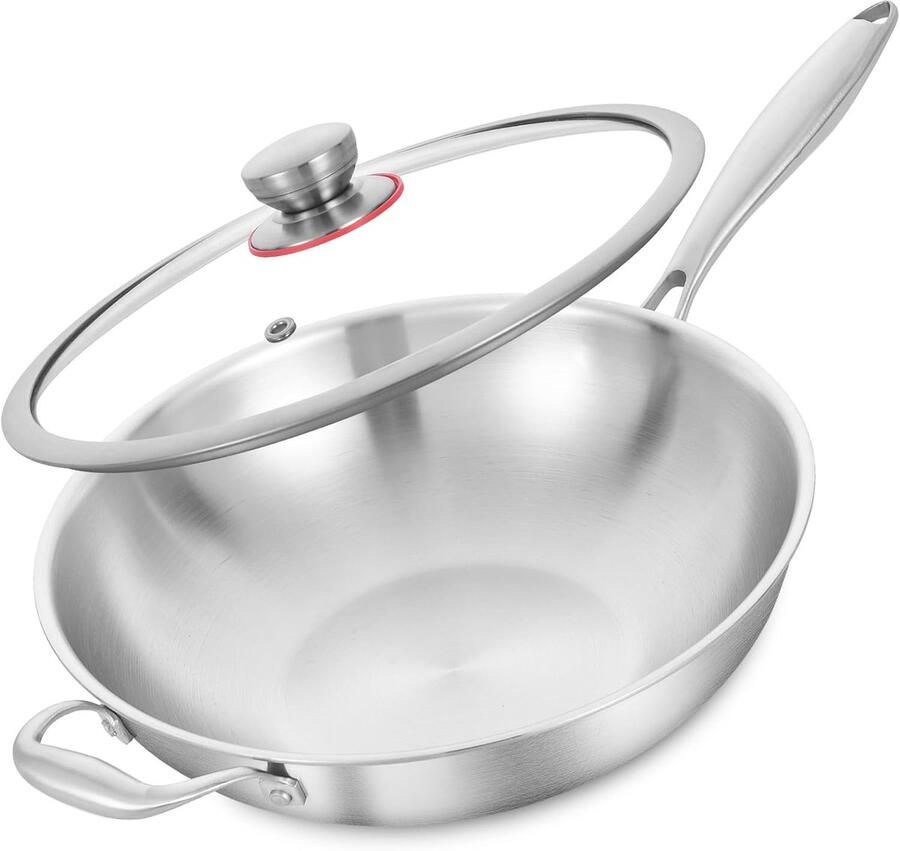 Roestvrijstalen Wokpan Roerbakpan Inductie Gezond Koken Tri-Ply Constructie 33 cm Zilver