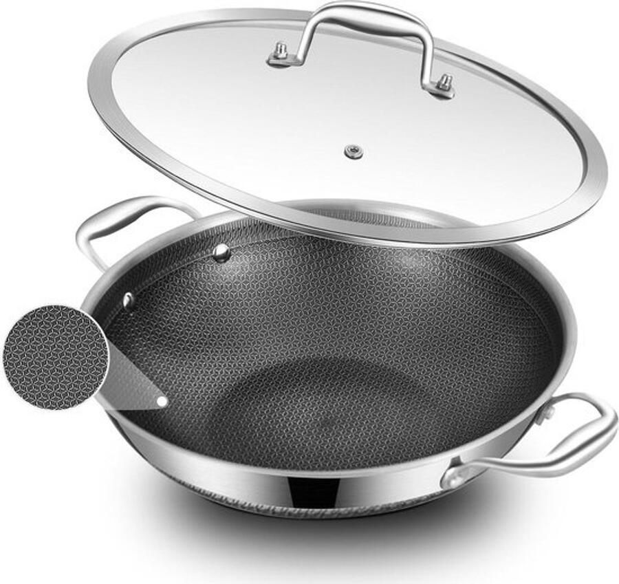 Roestvrijstalen Wokpan Roerbakpan Kookpan Gelijkmatig Koken Tri-Ply Clad Constructie 30 cm Zilver